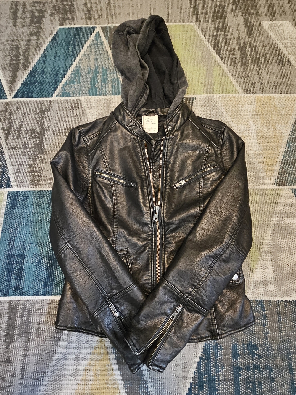We The Free Black Faux Leather Hooded Jacket with Zip Details